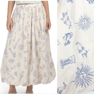 Lucky Brand Bubble Cotton Poplin Maxi Skirt Greece Travel Vacation Print Ecru